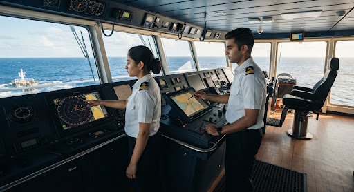 Merchant navy cadet officers at bridge navigational controls
