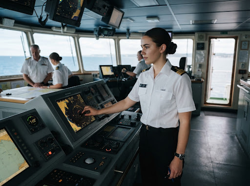 Naval cadet trainee officer in bridge console simulator