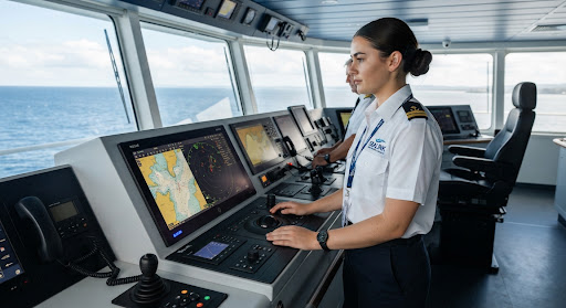 Female maritime officer cadet in uniform at navigation console