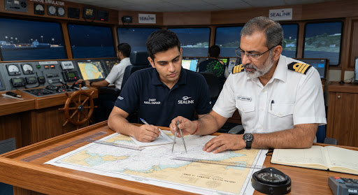 Senior Indian maritime captain and cadet reviewing navigational charts